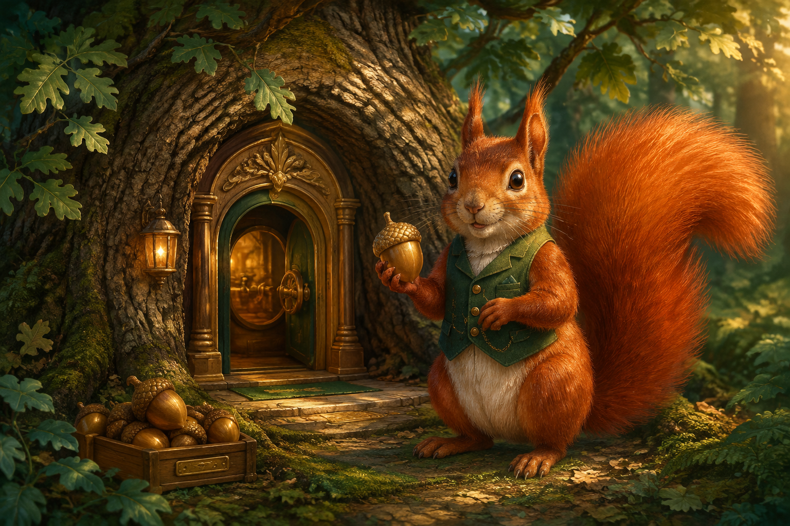 An illustrated squirrel in a green waistcoat tending a tiny woodland bank.
